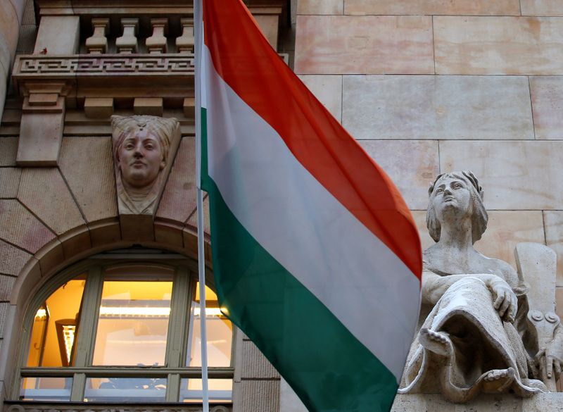 FILE PHOTO: The Hungarian national flag flies on the building