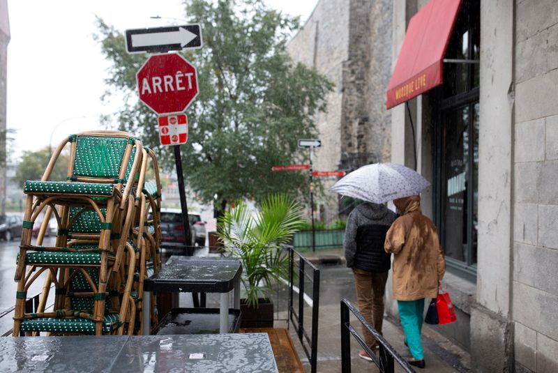 FILE PHOTO: Chairs are stacked outside a bistro in Montreal