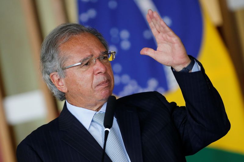 Brazil’s Economy Minister Paulo Guedes delivers a statement at the