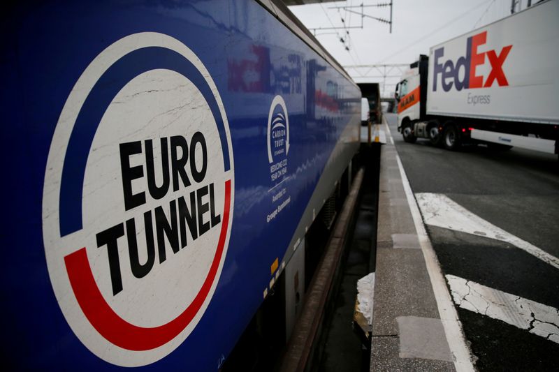 FILE PHOTO: A truck boards an Eurotunnel freight shuttle at