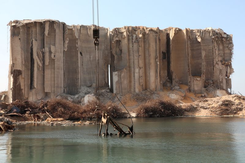 A view shows the grain silo that was damaged in