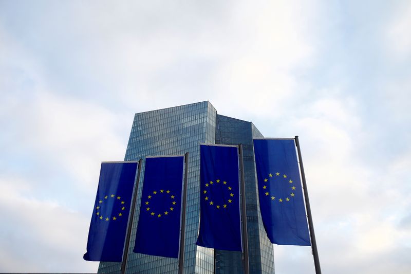 EU flags fly in front of European Central Bank headquarters