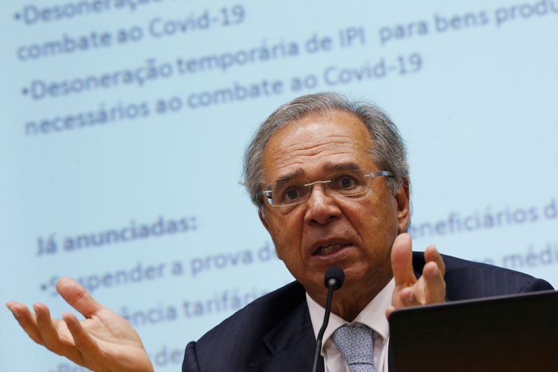 Brazil’s Economy Minister Paulo Guedes speaks during a press conference