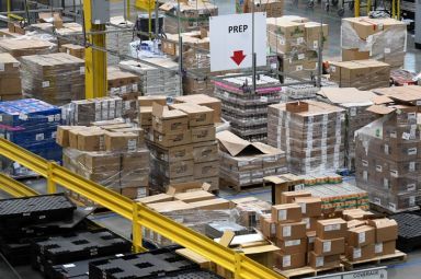 An overview of the product prep area of the Amazon