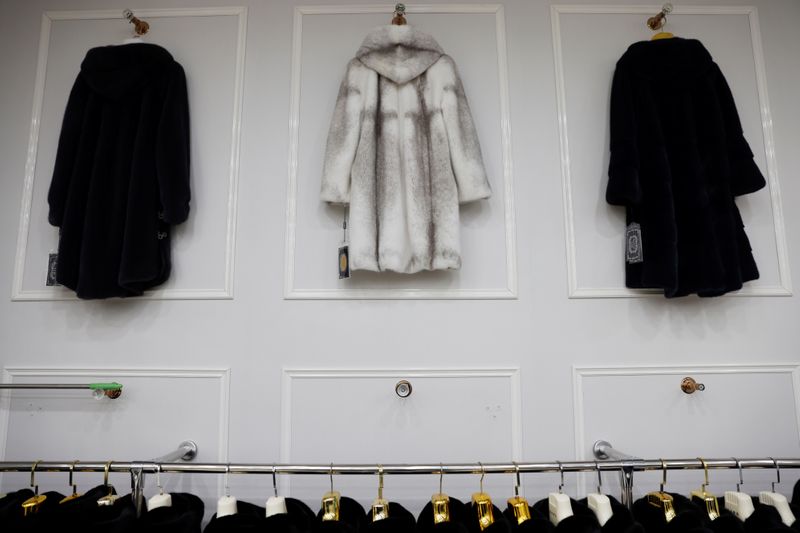 Mink fur coats are seen in a store selling mink