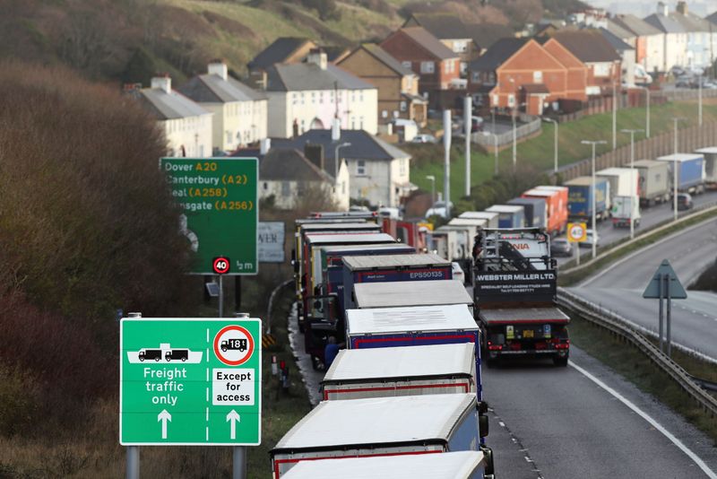 Lorries queue on the route into the port of Dover