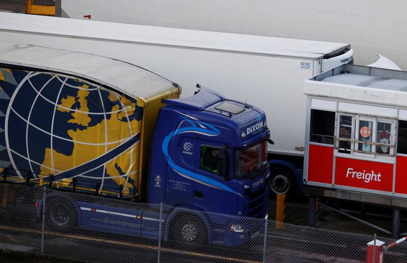 A lorry goes through the freight check in lane as