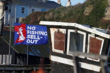 A flag with a slogan supporting the UK fishing industry