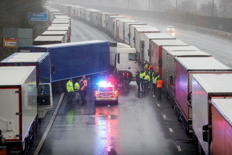 FILE PHOTO: Lorries are parked on M20 motorway near Ashford