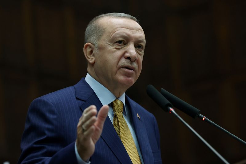 FILE PHOTO: Turkish President Erdogan addresses members of his ruling