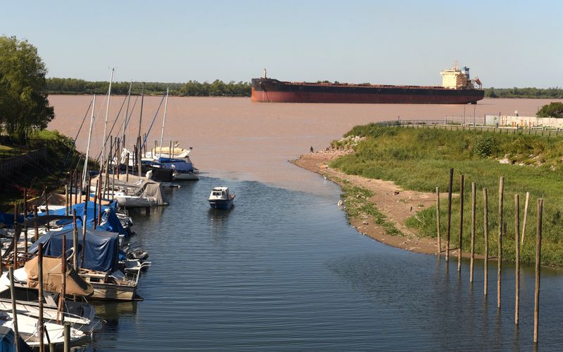 A boat sails in the Parana River, where the water