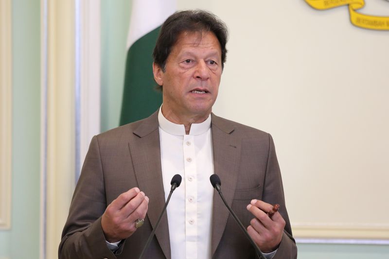 Pakistan’s Prime Minister Imran Khan speaks during a joint news