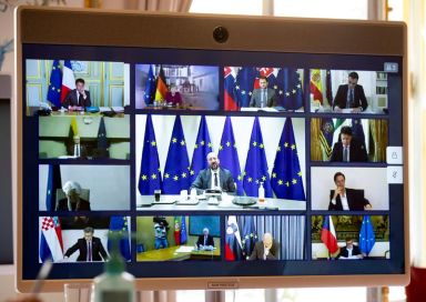French President Macron attends a video conference with EU leaders