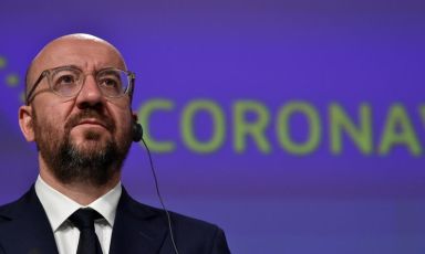 The President of the European Council Charles Michel holds a
