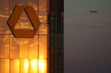 The logo of Germany’s Commerzbank is seen in the late