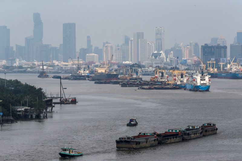 Cargo ships are pictured near the port in Bangkok