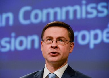 FILE PHOTO: Executive Vice-President Valdis Dombrovskis presents the EU executive’s