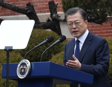 South Korea’s President Moon Jae-in speaks during a ceremony marking