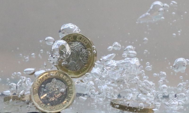 FILE PHOTO: UK pound coins plunge into water in this