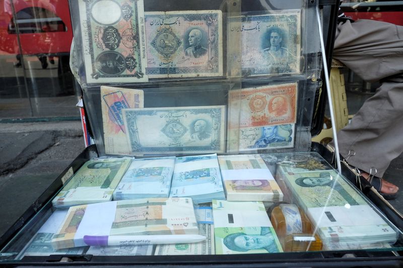 A man displays the Iranian currency at Ferdowsi square in