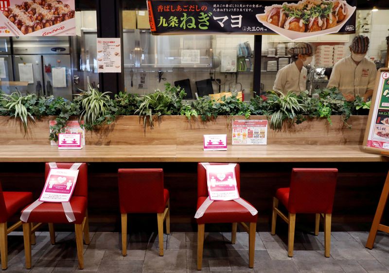 FILE PHOTO: Social distancing signs are place on a table