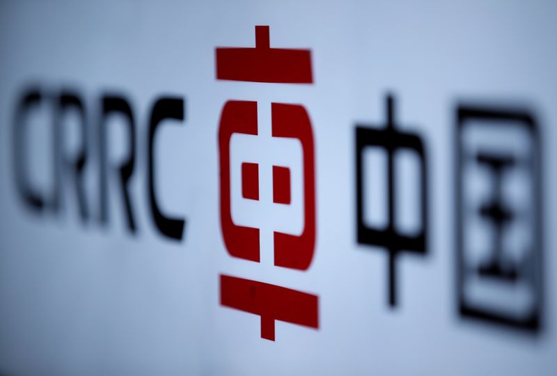 A CRRC’s logo is seen at an exhibition during the