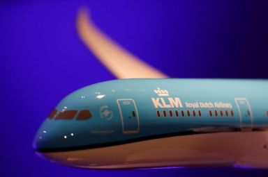 FILE PHOTO: A KLM Boeing 787-9 scale model is seen