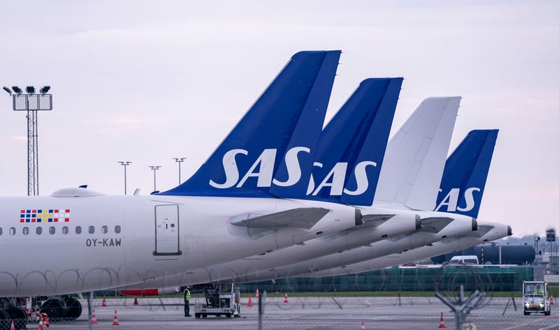 SAS Airbus A320 planes are parked at Copenhagen airport in