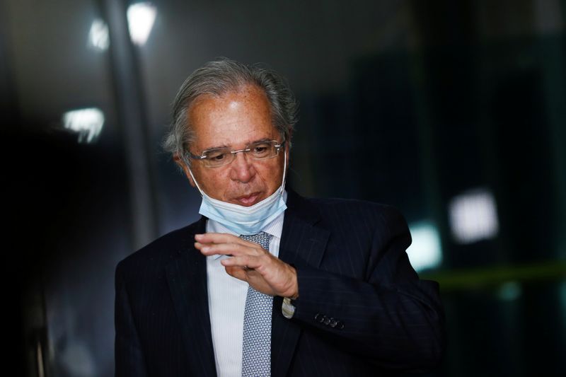 Brazil’s Economy Minister Paulo Guedes gestures during a news conference