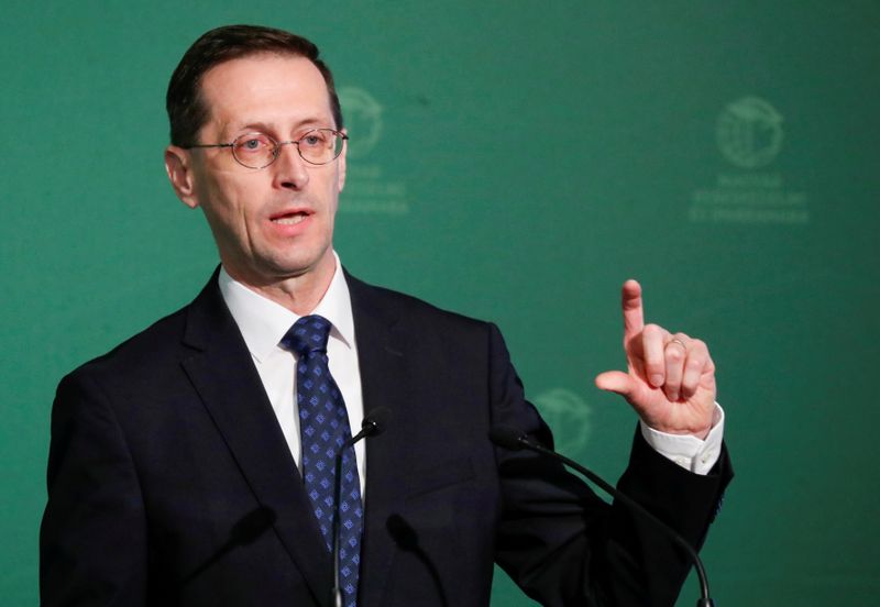 FILE PHOTO: Hungarian Finance Minister Mihaly Varga speaks during a