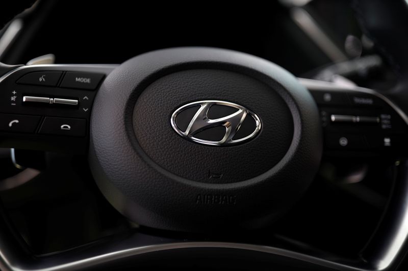 The logo of Hyundai Motors is seen on a steering