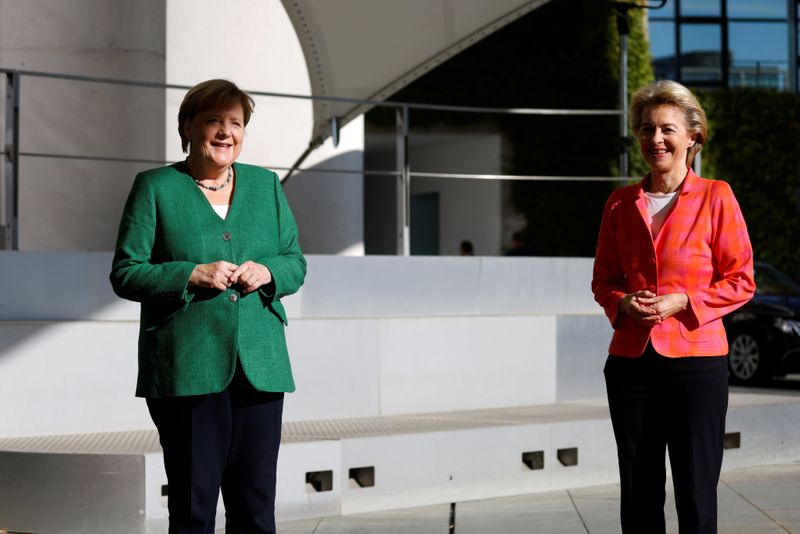 German Chancellor Merkel welcomes EC President von der Leyen before