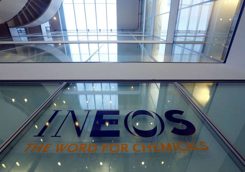 A logo is pictured in the headquarters of INEOS chemicals