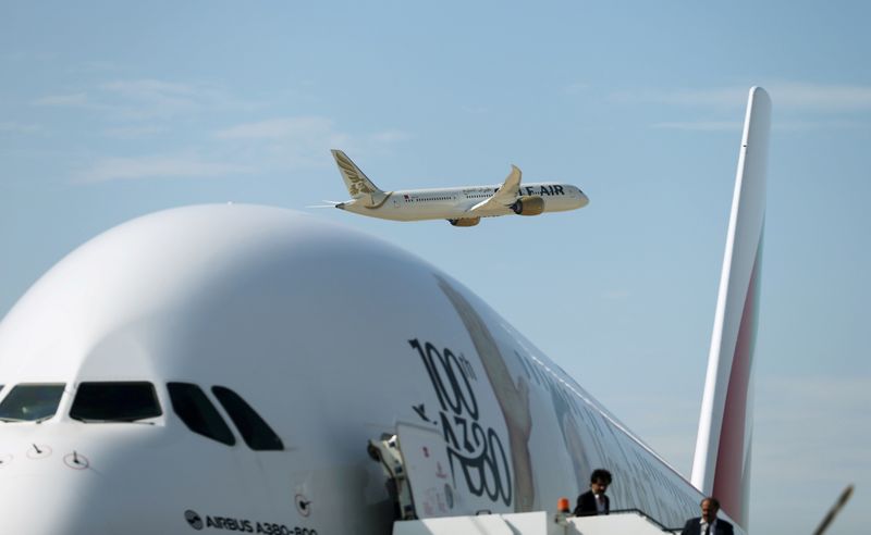 FILE PHOTO: Gulf Air Boeing 787 aircraft makes a fly-by