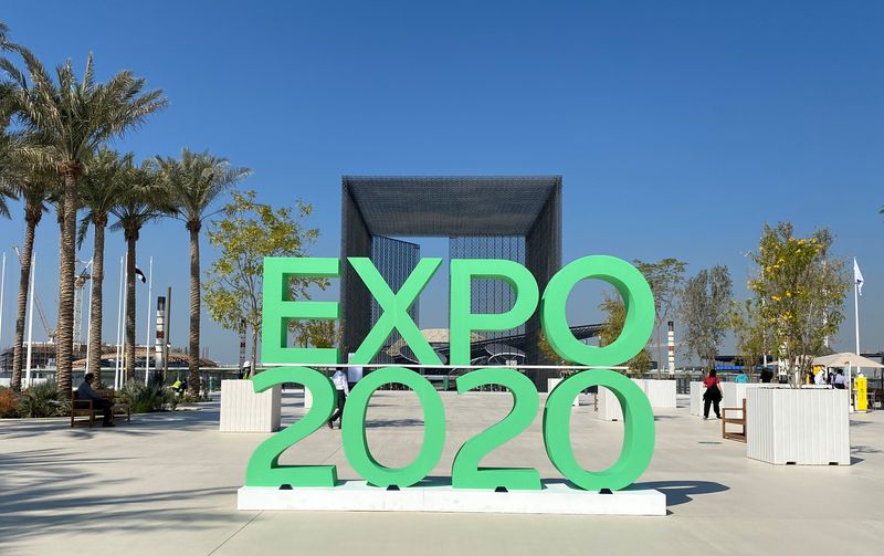 The sign of Dubai Expo 2020 is seen at the