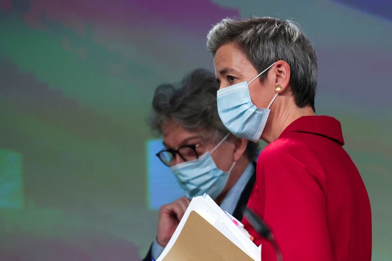 FILE PHOTO: EU Commissioners Vestager and Breton conclude news conference