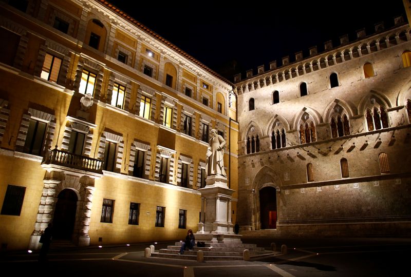 The entrance of Monte dei Paschi bank headquarters is seen