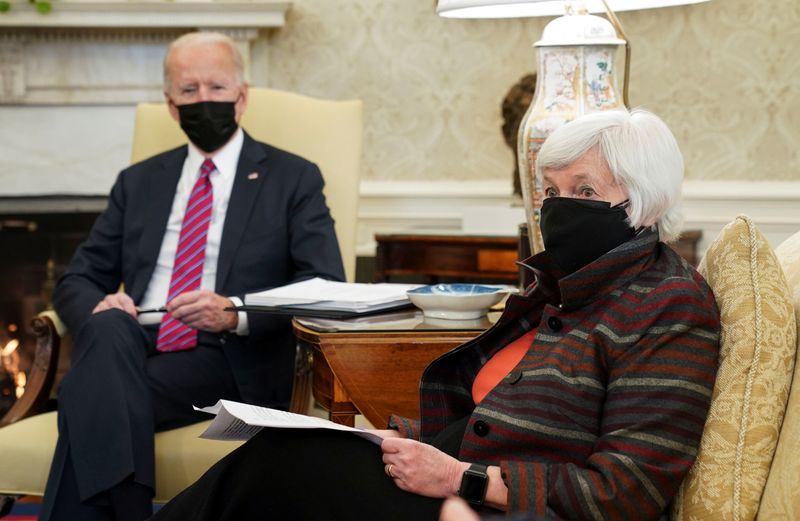 U.S. President Joe Biden receives economic briefing with Treasury Secretary