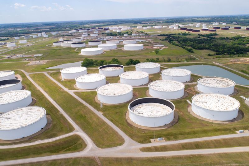 Crude oil storage tanks are seen in an aerial photograph