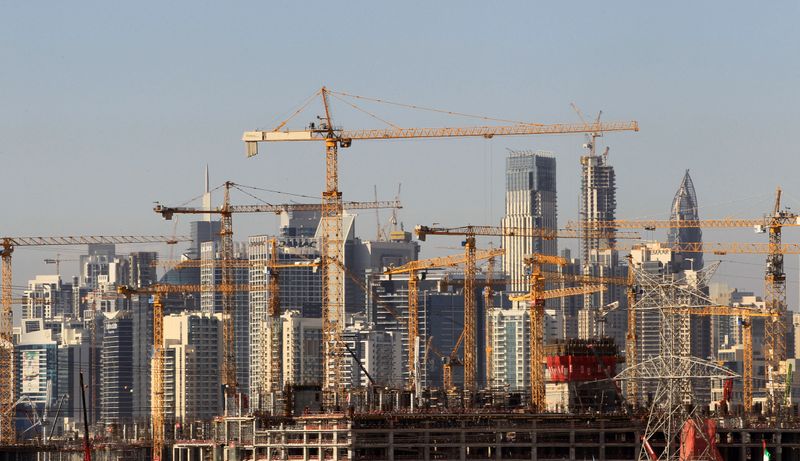 General view of Dubai’s cranes at a construction site in