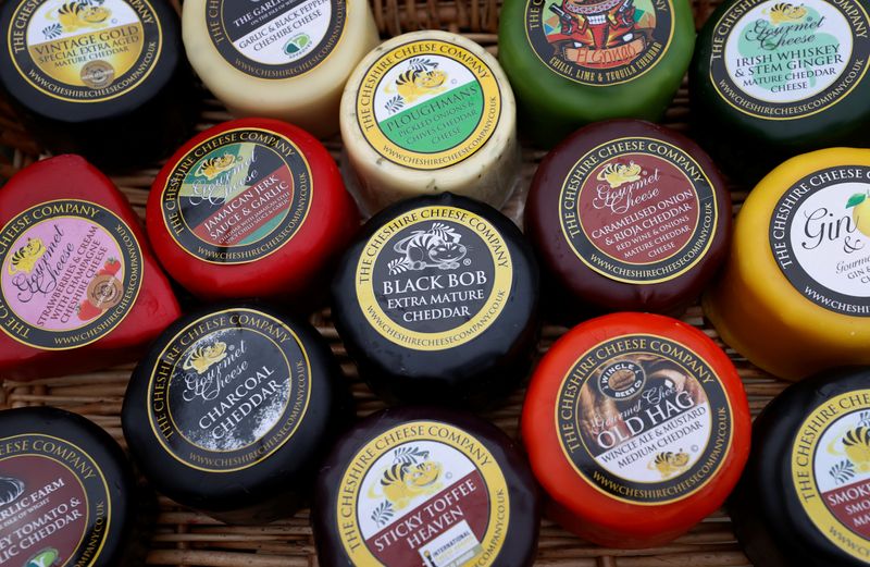Individually wrapped cheeses from the Cheshire Cheese company are displayed