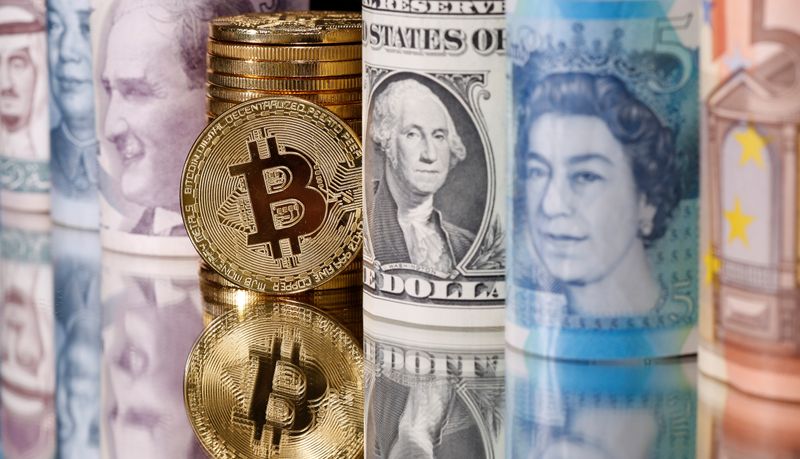 Representations of Bitcoin, Saudi riyal, yuan, Turkish lira, pound, U.S.