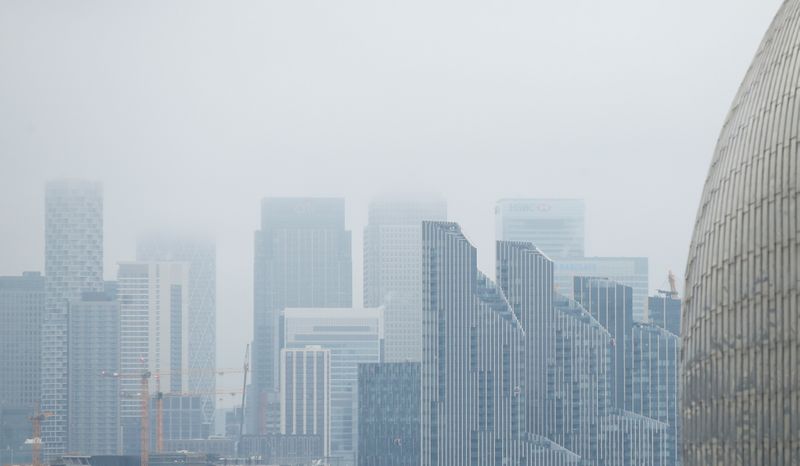 Buildings are seen in the Canary Wharf business district, amid