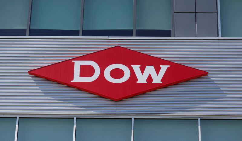 The Dow logo is seen on a building in downtown