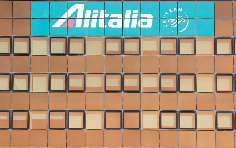 The Alitalia logo sign is seen at Fiumicino airport in