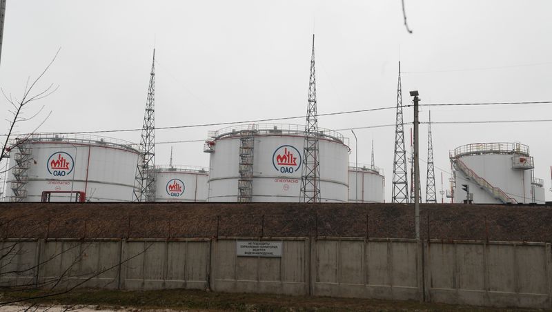 Storage tanks are seen at JSC “Mozyr oil refinery”