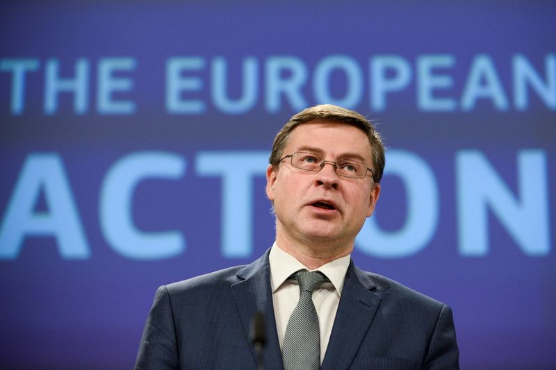EU Commission VP Dombrovskis gives a news conference, in Brussels