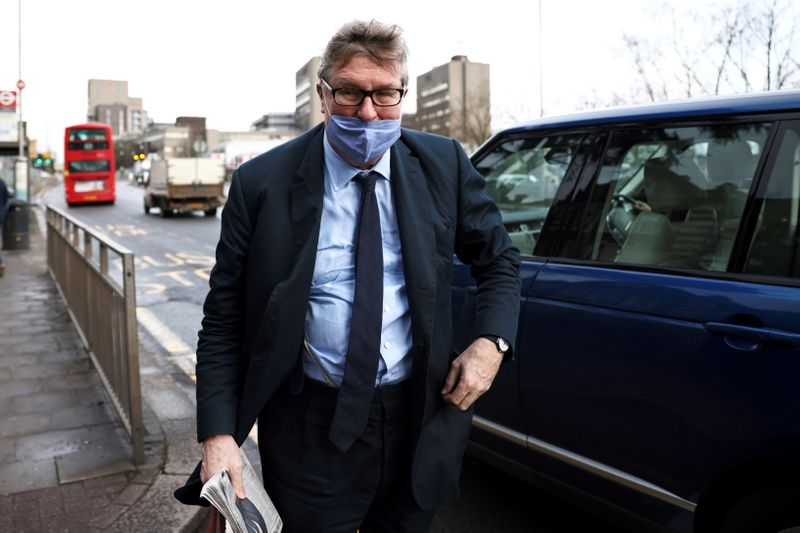 Britain’s Crispin Odey arrives at Hendon Magistrates’ Court in London