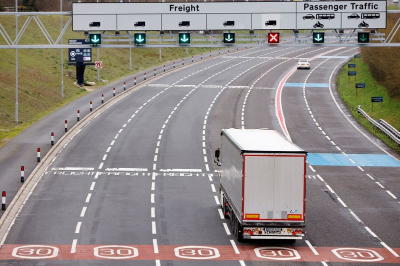 FILE PHOTO: A lorry arrives at the Eurotunnel check-in, in