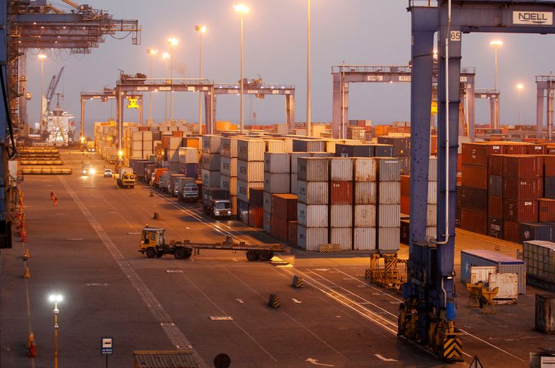 A general view of a container terminal is seen at
